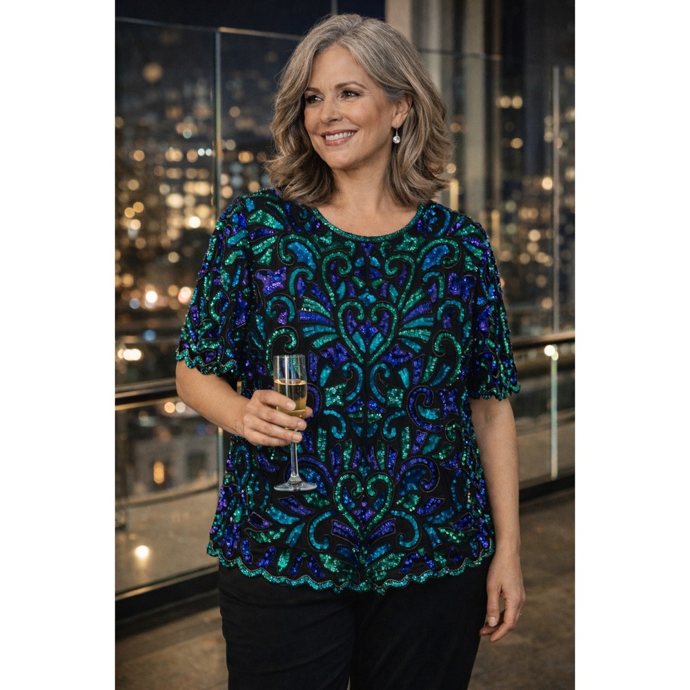 Laurence Kazar Green and Blue Sequin Beaded Short Sleeve Blouse